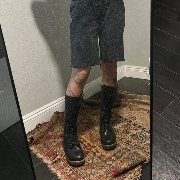 90s knee high lace up boots genuine leather logger black Skechers goodyear welt - Picture 16 of 16